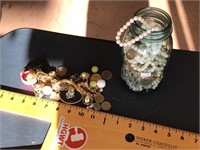 Quart jar with vintage jewelry & foreign coins