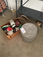 Metal bucket w/ garden sprayers and chemicals