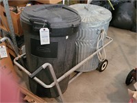 3 garbage cans and wheeled cart (2 cans with