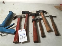 4 ball-peene hammers; 2 hammers; caulk gun &