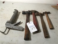 3 ball-peene hammers; hammer; caulk gun & bucket