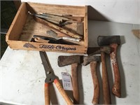 4 hatchets; garden shears; misc. tools