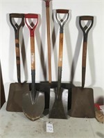 4 shovels; snow pusher