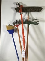 2 brooms; lawn rake; limb trimmer and soil tiller