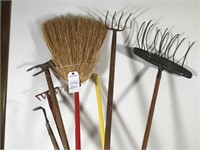 Broom; rake; handle; forked hoes