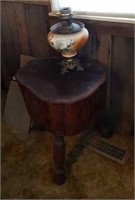 Log Table & Antique Oil Lamp
