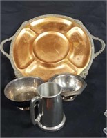 Copper Serving Tray, Pewter Mug, Plated Bowls