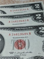 Lot of 3 Sequential 1963 Red Seal $2 Bills
