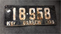 1936 Barren Kentucky License Plate