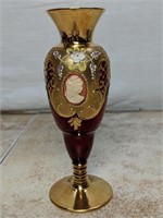 Venetian Glass Vase Gold/Floral/Cameo Applique
