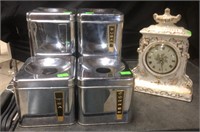 Vintage Canister Set 2 missing top pieces, Clock
