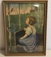 Vintage Girl Looking At Bird Lithograph