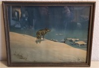 Vintage Lone Wolf Winter Scene Lithograph 13"x 17"