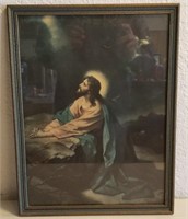 Vintage Jesus Christ Praying Lithograph 17" x 13"