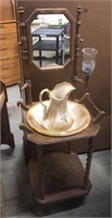 Oak Wash Stand w Pitcher And Bowl.  Bowl has some