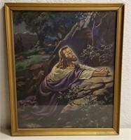 Vintage Framed Jesus Praying Litho Approx 21"x18"