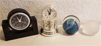 Two Glass Paper Weights & Two Small Desk Clocks