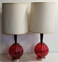 Two Vintage Red Glass Lamps Approx 30" Tall