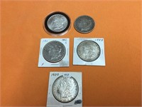 5 Morgan Silver Dollars 1882S 1883 1885 1900