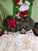 Tree skirt, wreaths, angels