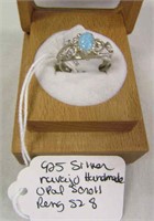 Navajo Made 925 Silver Opal Scroll Ring Sz 8