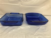 Pair of square cobalt blue anchor ware dishes