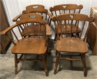 Solid wood dining chairs, two with arms and two