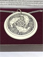 Birds - Fine Celtic Porcelain oval pendant w/chain