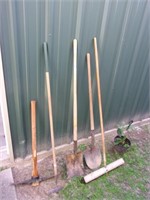 5 Pcs Hand Tools-Pick Axe-Hoe-2 Shovels-Push Broom