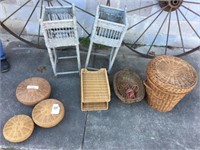 Group of Baskets & Pair of Wicker Plant Stands