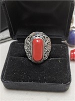 New Silver & Coral? Ornate ring Size 10