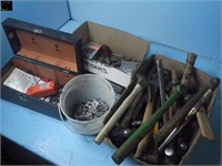 Box of misc hammers, drill bits, chainsaw chains