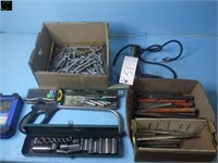 Box of chisels & punches, sockets, drill bits