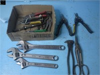 3 crescent wrenches, tin snips, fence pliers, etc