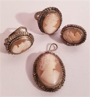 800 Sterling antique cameo earrings ring pendant