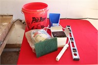 Bucket of Scouring Pads, Level, etc.