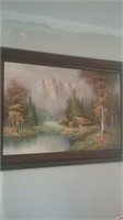 Large oil painting Cabin in the Woods signed by