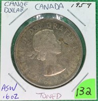 1959 Canada Canoe Dollar, ASW, .6oz, Toned