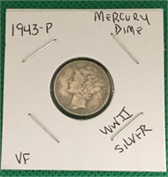 1943-P Mercury Dime, VF, WWII Silver