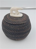 Beautiful brown lidded baleen basket with ivory fi