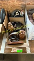 Box of wooden bowls, statues, biking items