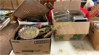 Box of plastic containers, metal pans, misc