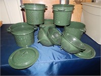 Group of Green Graniteware Pots & Strainers