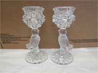2 Thick Glass Candle Holders w Birds - 7" Tall