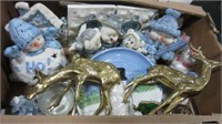 BOX OF SNOWMEN AND BRASS DEER