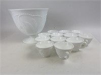 VTG Indiana Pebble Leaf Milk Glass Punch Bowl Set
