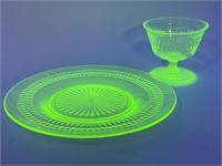 Antique Uranium Vaseline Glass Plate & Cup