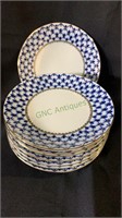 8 Russian porcelain luncheon plates, Cobalt Net.