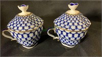 2 Russian porcelain covered tea cups, Cobalt Net.