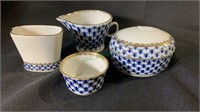 4 Russian porcelain Cobalt Net pieces, small